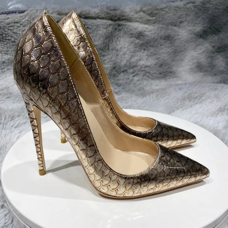 Tikicup Shiny Gold Crocodile Effect Women Pointy Stiletto Pumps Sexy Ladies Designer Party High Heel Shoes Plus Size 33-45 - Everyday Curves