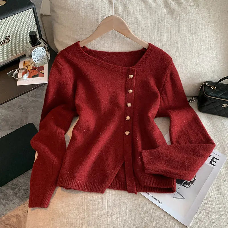 Chic style Single-Row Metal Button Crewneck Long Sleeve Knit Sweater for Women, Inner Layer or Outer Wear - Everyday Curves