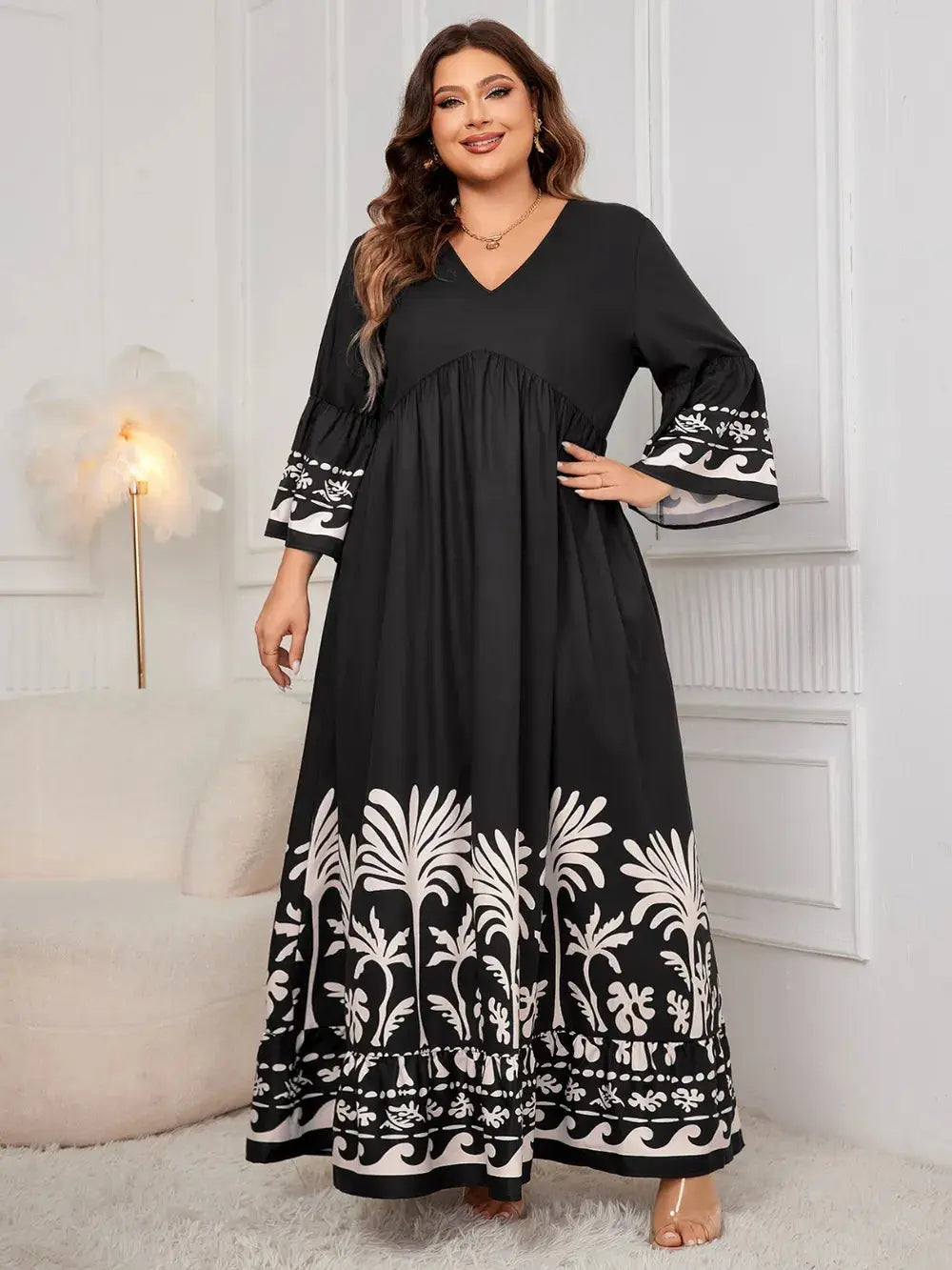 Honey Plus Size Printed V-Neck Long Sleeve Maxi Dress - Everyday Curves