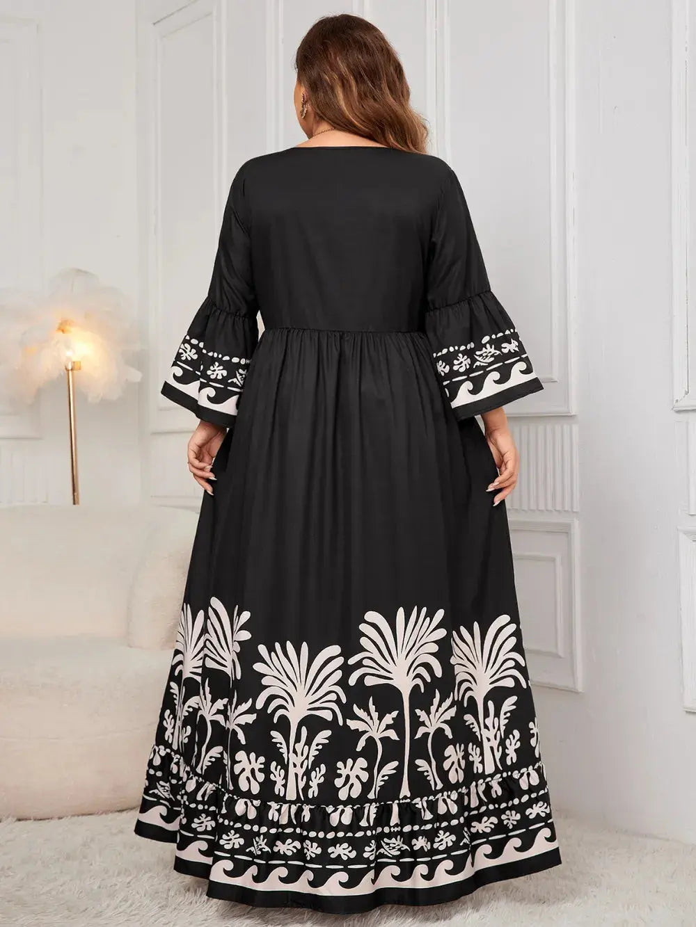 Honey Plus Size Printed V-Neck Long Sleeve Maxi Dress - Everyday Curves