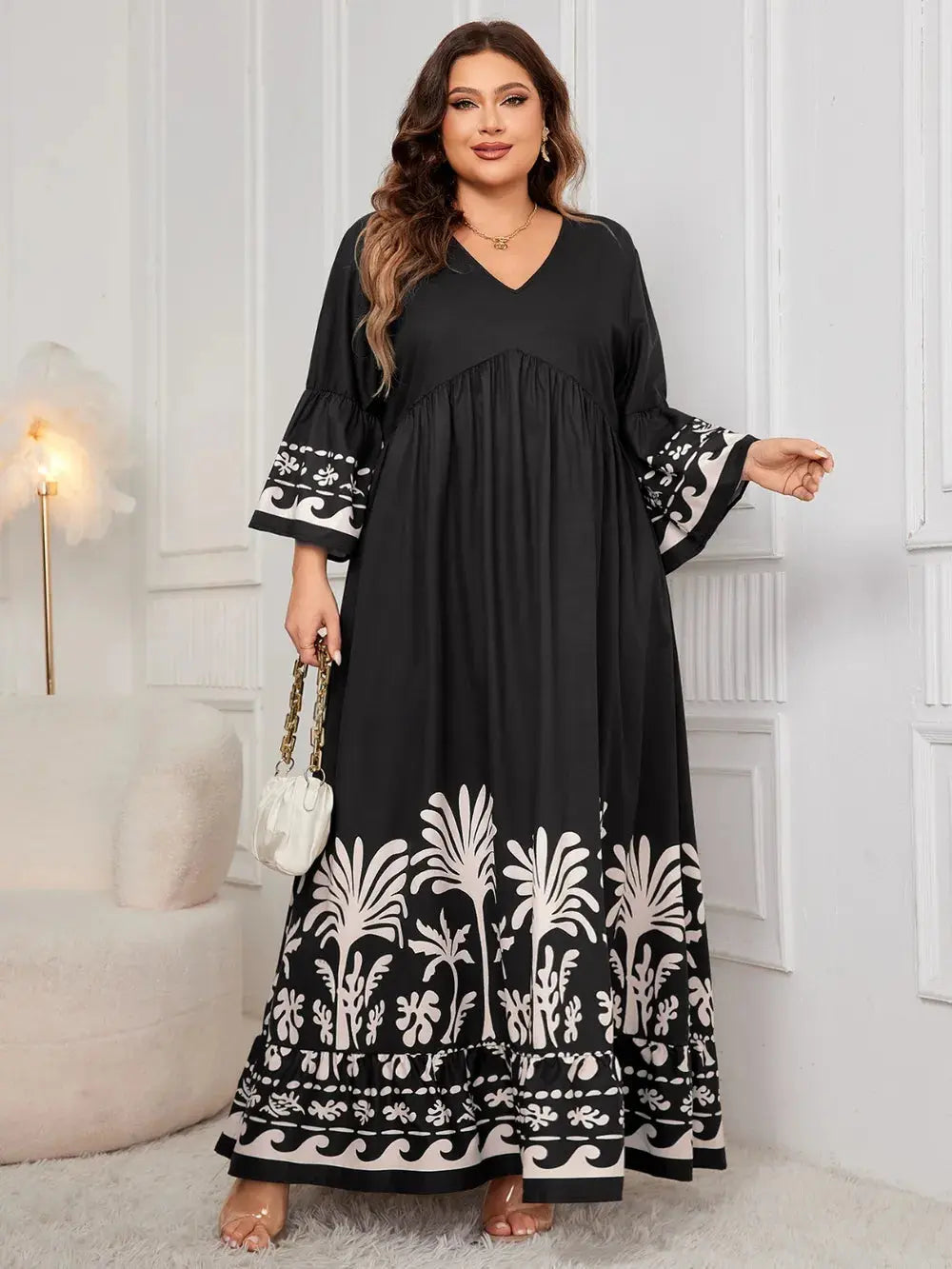 Honey Plus Size Printed V-Neck Long Sleeve Maxi Dress - Everyday Curves
