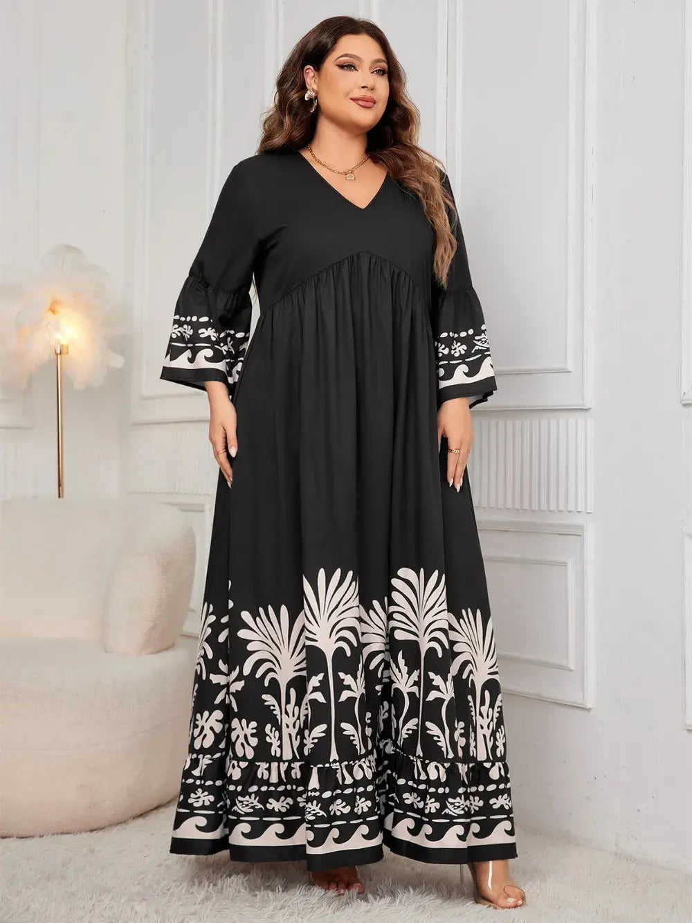 Honey Plus Size Printed V-Neck Long Sleeve Maxi Dress - Everyday Curves