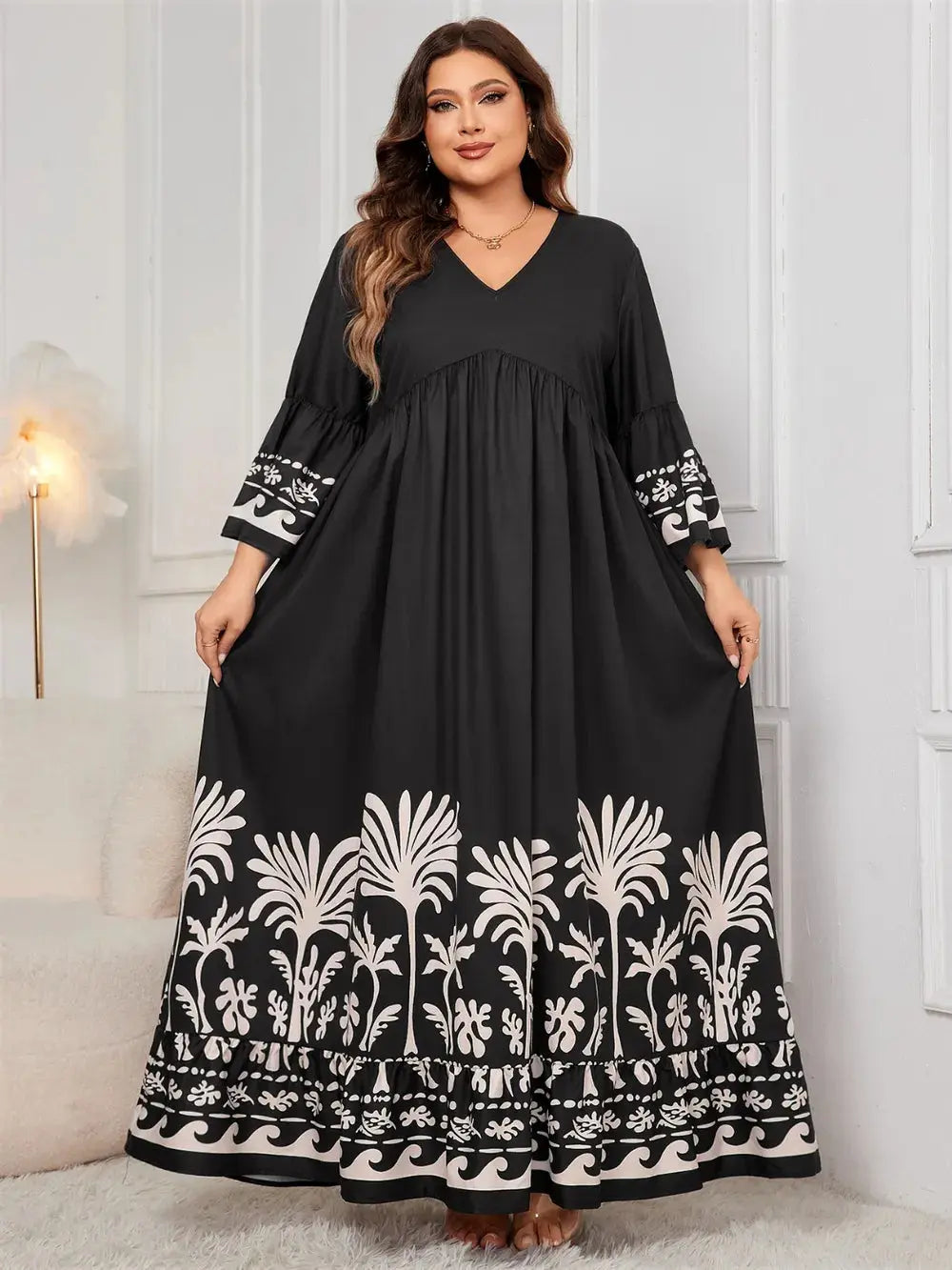 Honey Plus Size Printed V-Neck Long Sleeve Maxi Dress - Everyday Curves