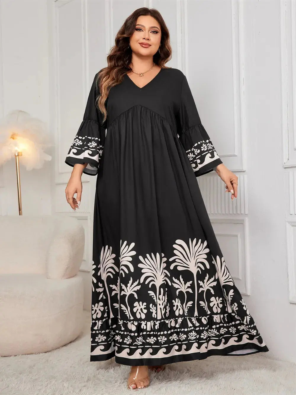 Honey Plus Size Printed V-Neck Long Sleeve Maxi Dress - Everyday Curves