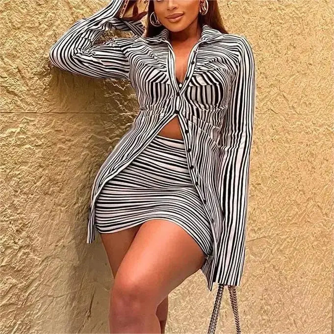Fashion Slim Stripe Button Short Skirts Two Pieces Set Women Street Style Skinny Hip Skirt Ladies Outfits Matching Sets - Everyday Curves