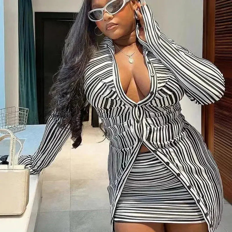 Fashion Slim Stripe Button Short Skirts Two Pieces Set Women Street Style Skinny Hip Skirt Ladies Outfits Matching Sets - Everyday Curves