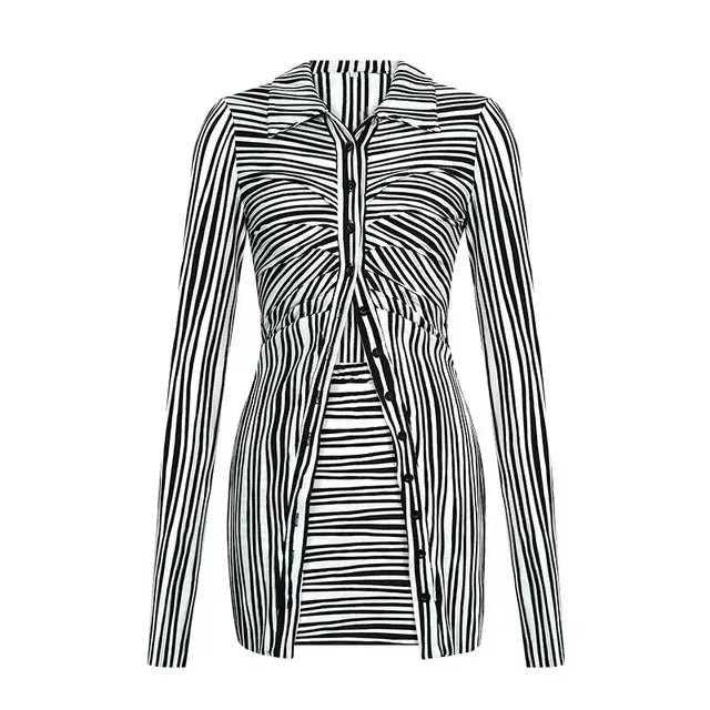 Fashion Slim Stripe Button Short Skirts Two Pieces Set Women Street Style Skinny Hip Skirt Ladies Outfits Matching Sets - Everyday Curves