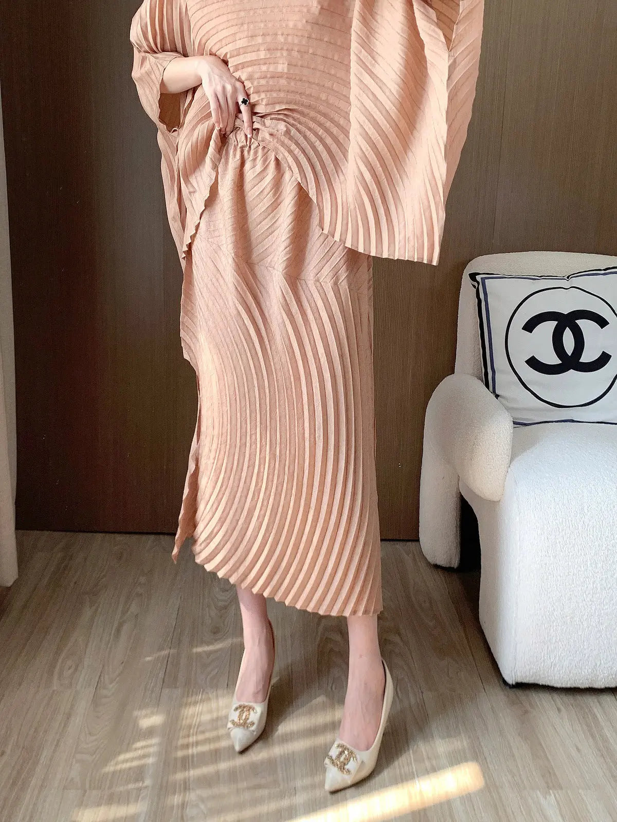 Casual Pleated Solid Color 2 Pieces Set For Women Irregular Tops High Waist Skirt Fashion - Everyday Curves