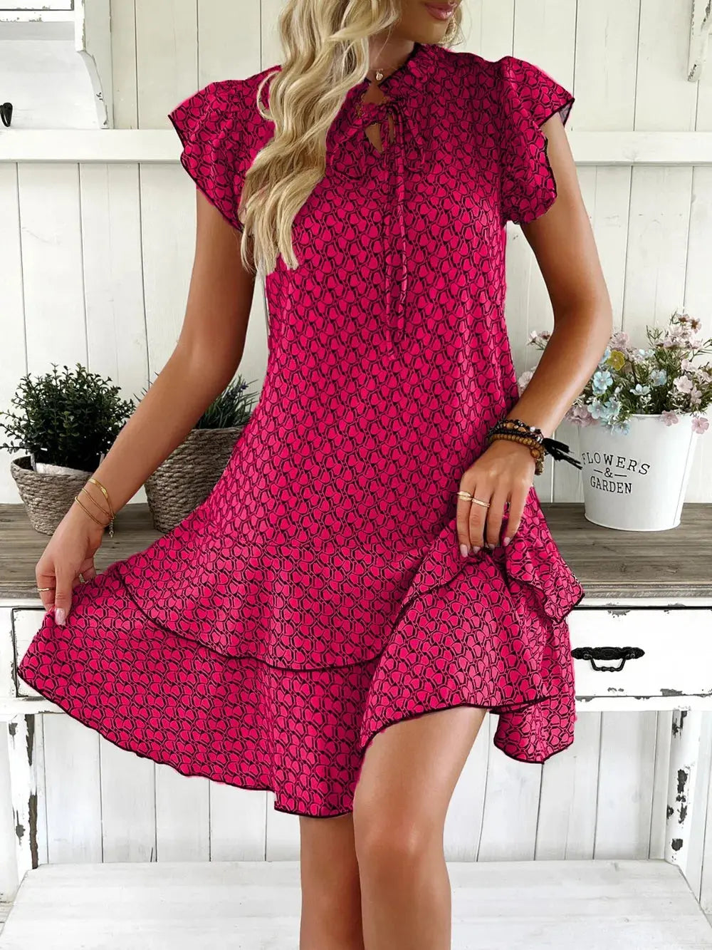 Full Size Ruffled Layered Printed Mini Dress Plus Size - Everyday Curves