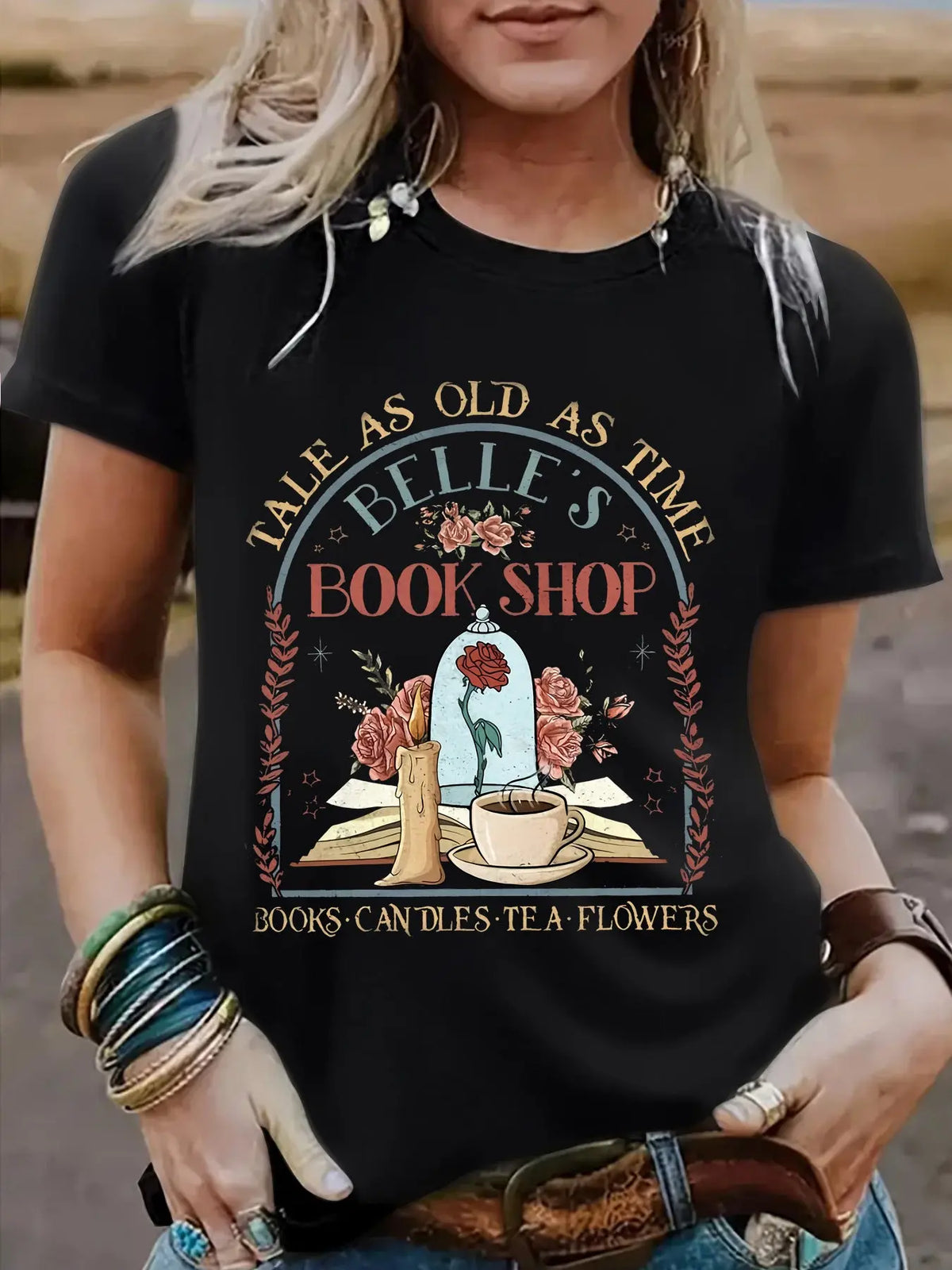 BOOK SHOP Printed New Round Neck Loose Short Sleeve - Everyday Curves