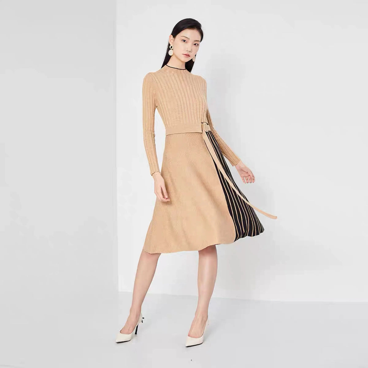 Elegant Lady Midi Dress Patchwork Striped Blue Flare Long Sleeve Office Lady Robe Dresses Autumn Winter Plus Size - Everyday Curves