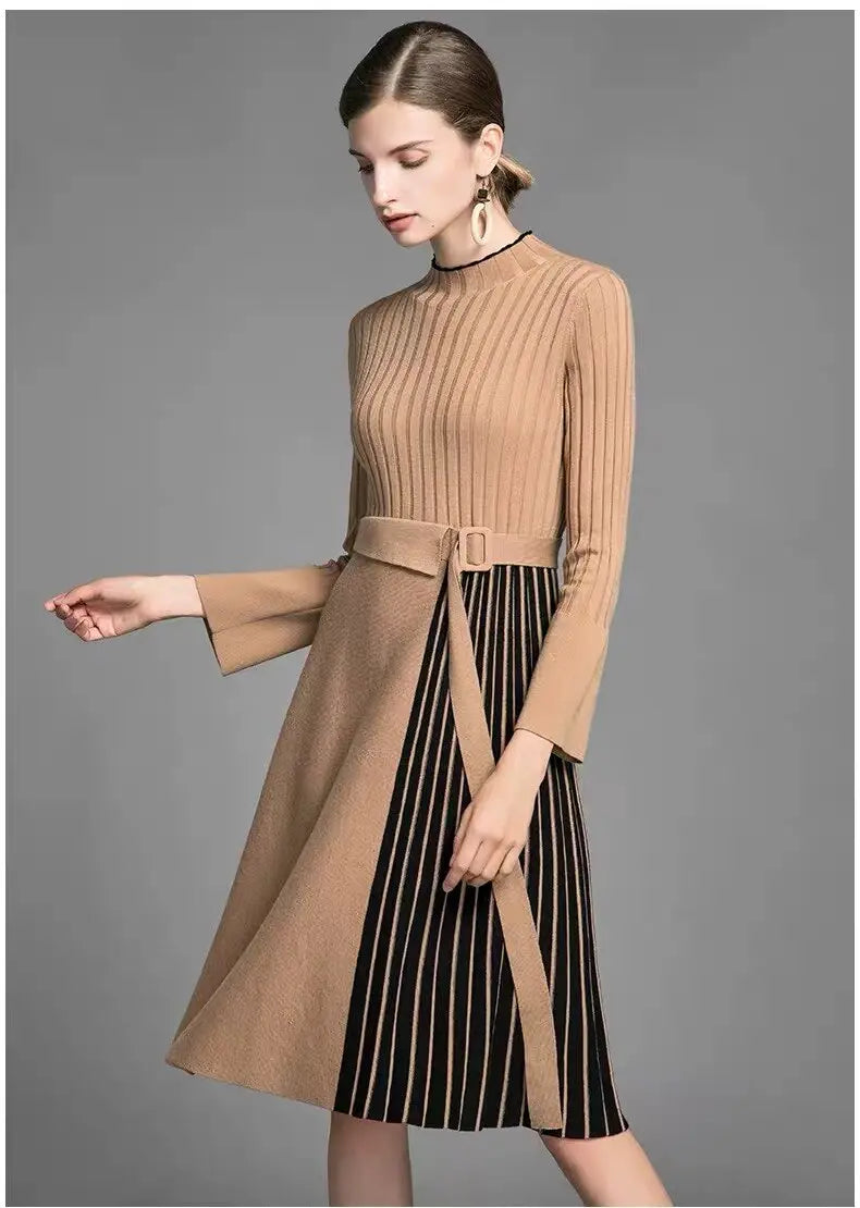 Elegant Lady Midi Dress Patchwork Striped Blue Flare Long Sleeve Office Lady Robe Dresses Autumn Winter Plus Size - Everyday Curves