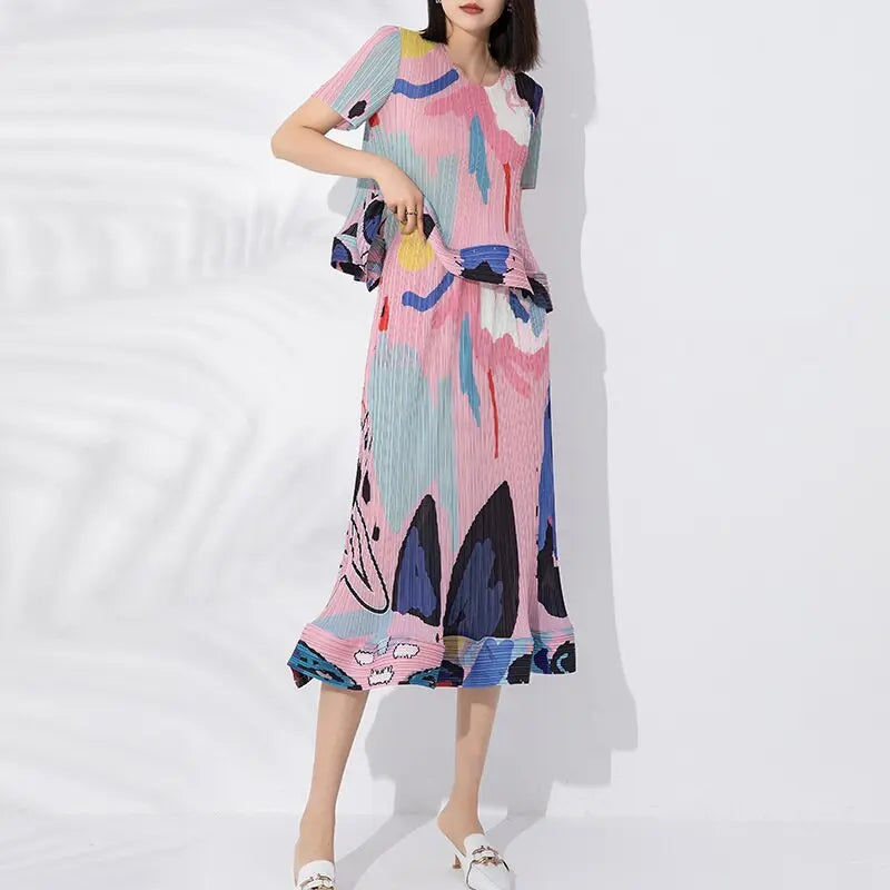 printed pleated two-piece set for women