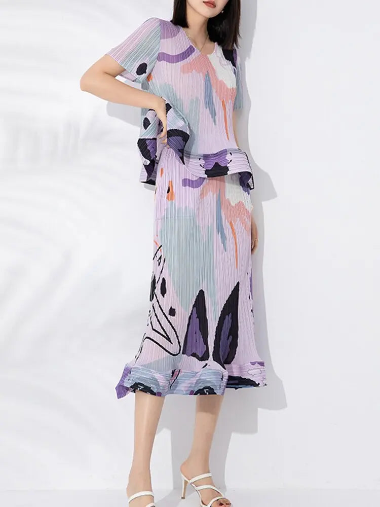 printed pleated two-piece set for women