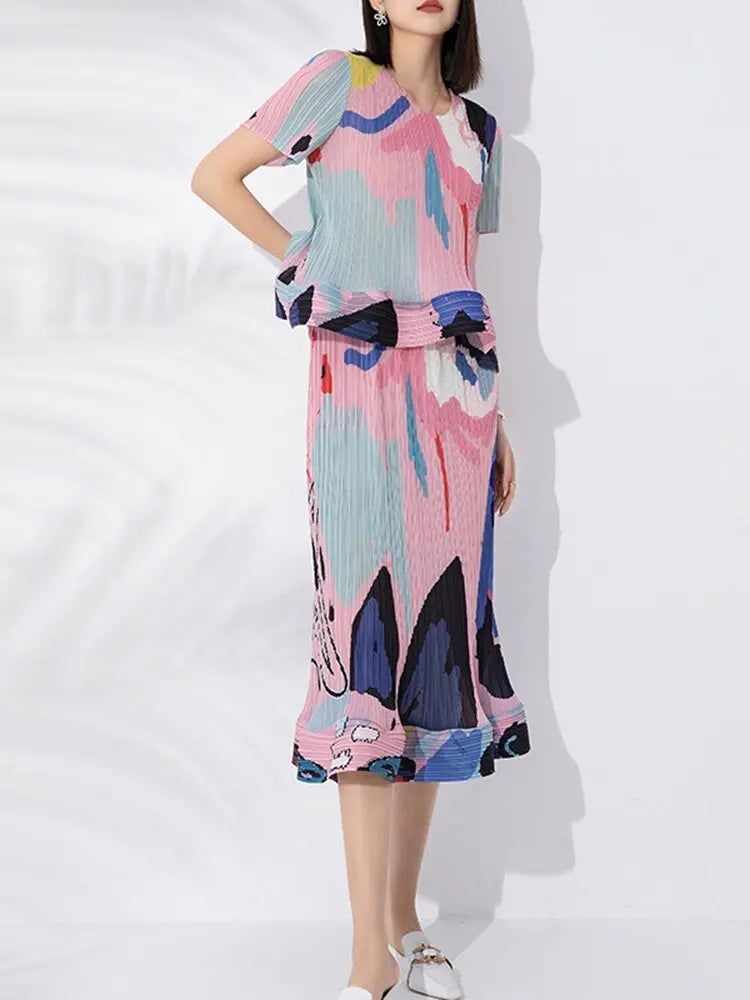 printed pleated two-piece set for women