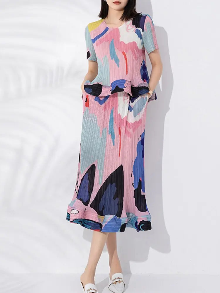 printed pleated two-piece set for women