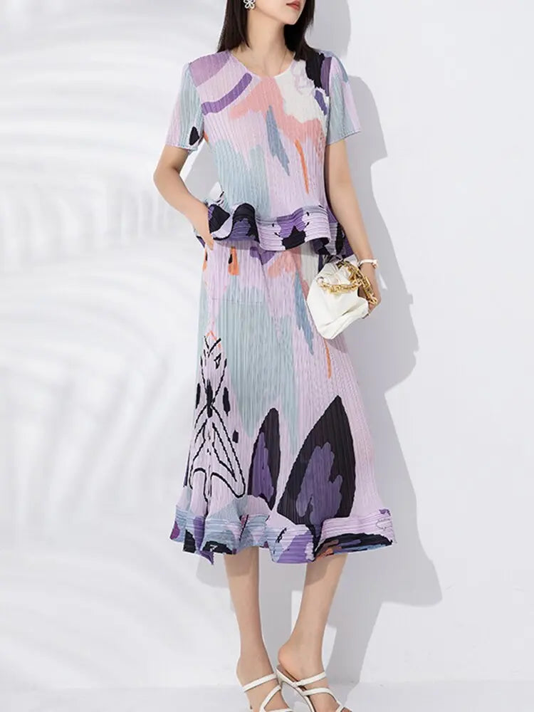 printed pleated two-piece set for women