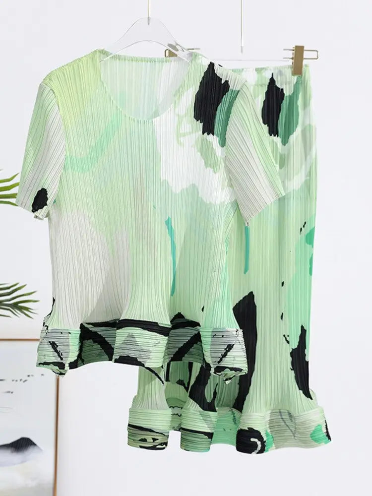 printed pleated two-piece set for women