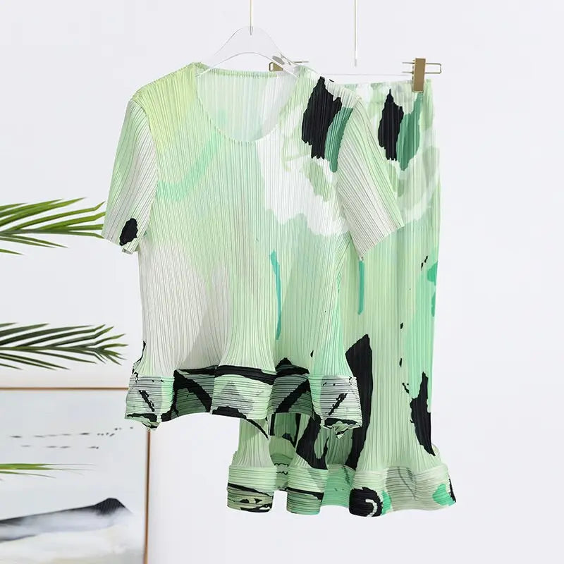 printed pleated two-piece set for women