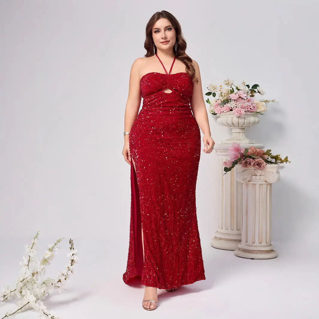 Elegant Red Sleeveless Sequined Dress with Neckline and Slit for Women, Fashionable and Sexy, Plus Size, Party Dress - Everyday Curves