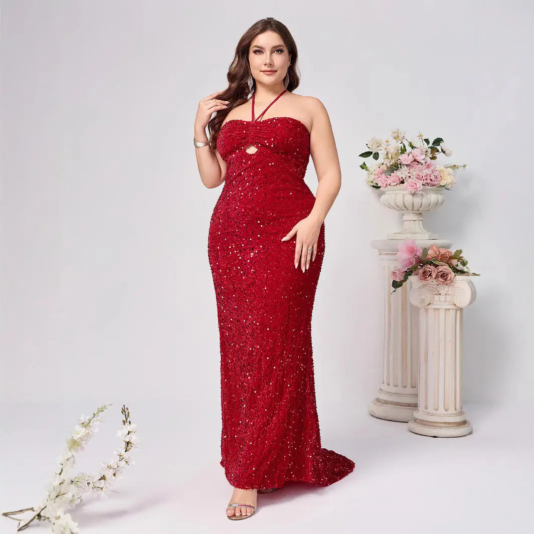 Elegant Red Sleeveless Sequined Dress with Neckline and Slit for Women, Fashionable and Sexy, Plus Size, Party Dress - Everyday Curves
