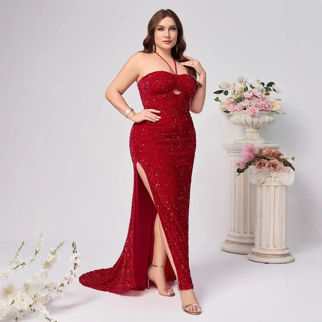 Elegant Red Sleeveless Sequined Dress with Neckline and Slit for Women, Fashionable and Sexy, Plus Size, Party Dress - Everyday Curves