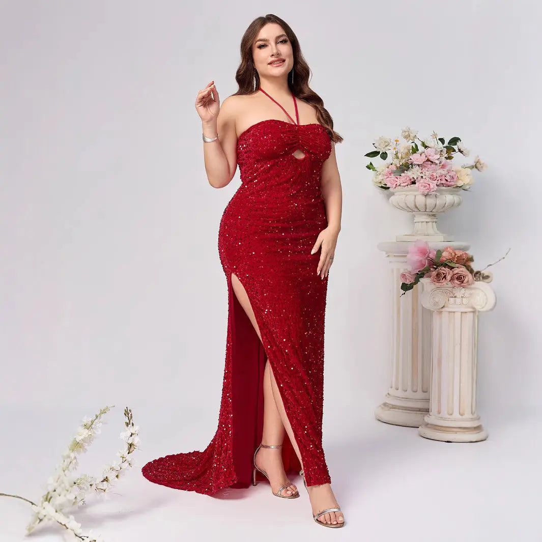 Elegant Red Sleeveless Sequined Dress with Neckline and Slit for Women, Fashionable and Sexy, Plus Size, Party Dress - Everyday Curves