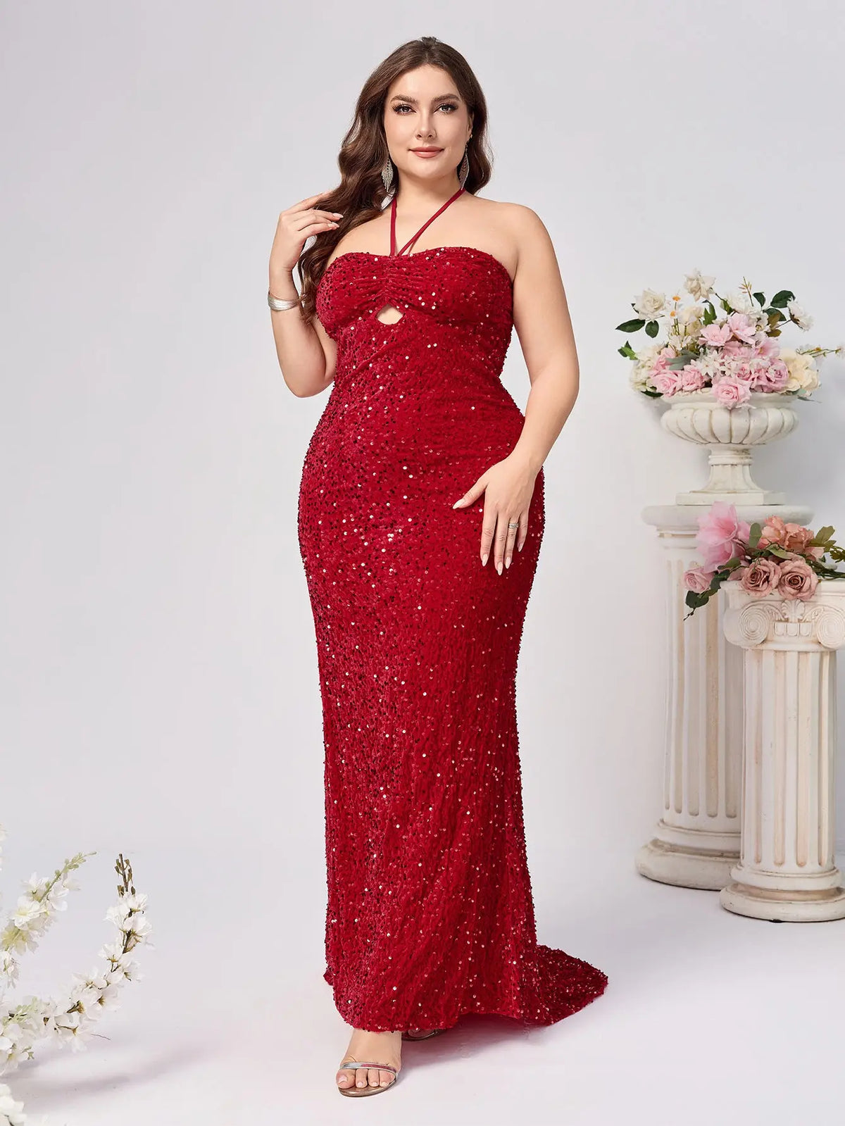 Elegant Red Sleeveless Sequined Dress with Neckline and Slit for Women, Fashionable and Sexy, Plus Size, Party Dress - Everyday Curves