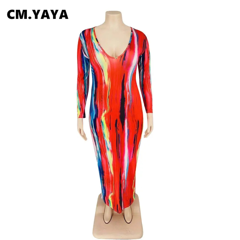 Women Plus Size Dress Tie Dye Full Sleeve V-neck Stretchy Skinny Boydcon Pencil Long Maxi Dresses Sexy Vestidos Autumn - Everyday Curves