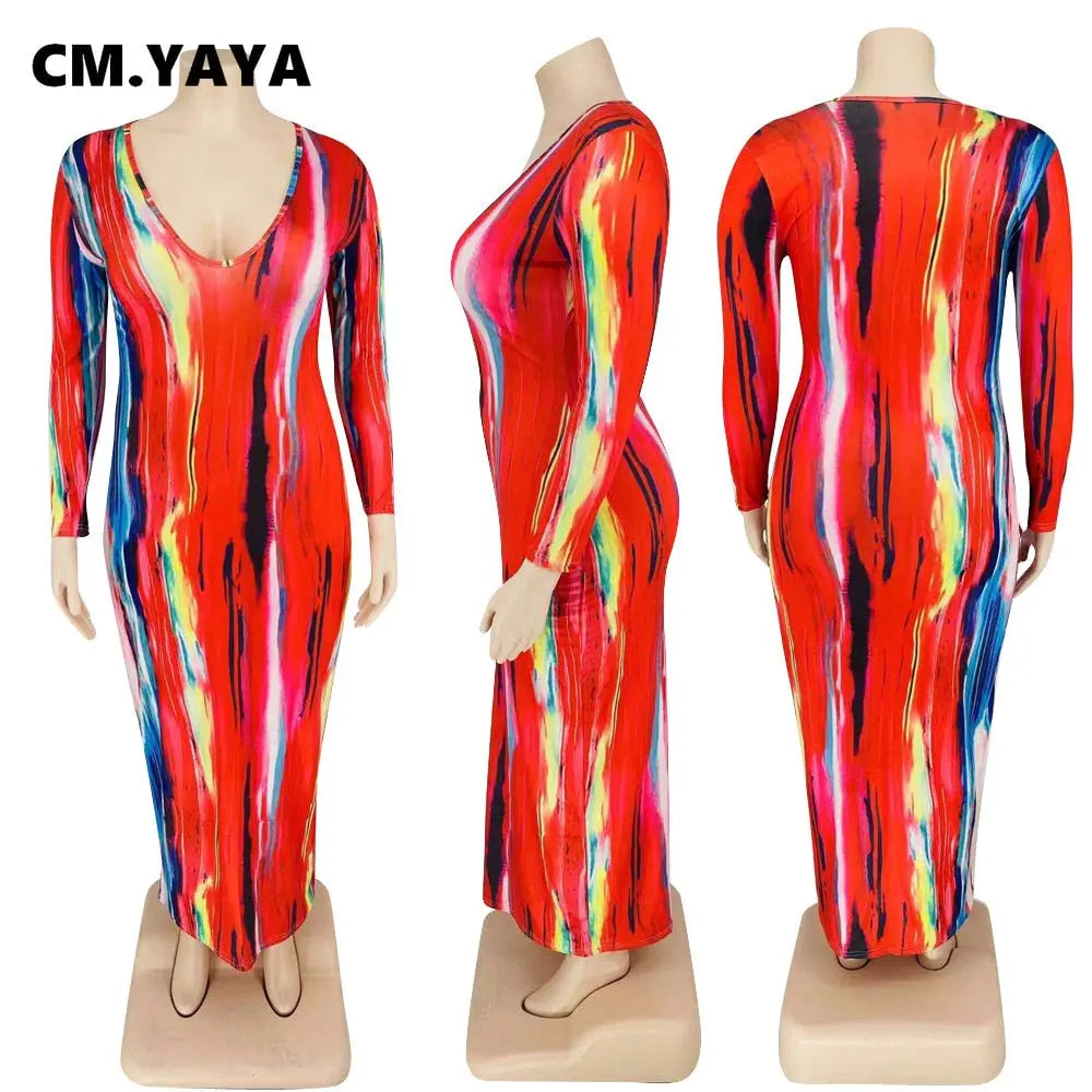 Women Plus Size Dress Tie Dye Full Sleeve V-neck Stretchy Skinny Boydcon Pencil Long Maxi Dresses Sexy Vestidos Autumn - Everyday Curves