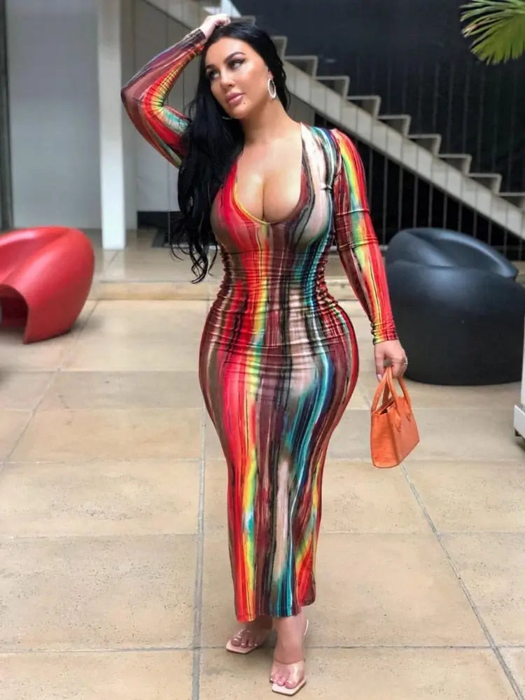 Women Plus Size Dress Tie Dye Full Sleeve V-neck Stretchy Skinny Boydcon Pencil Long Maxi Dresses Sexy Vestidos Autumn - Everyday Curves