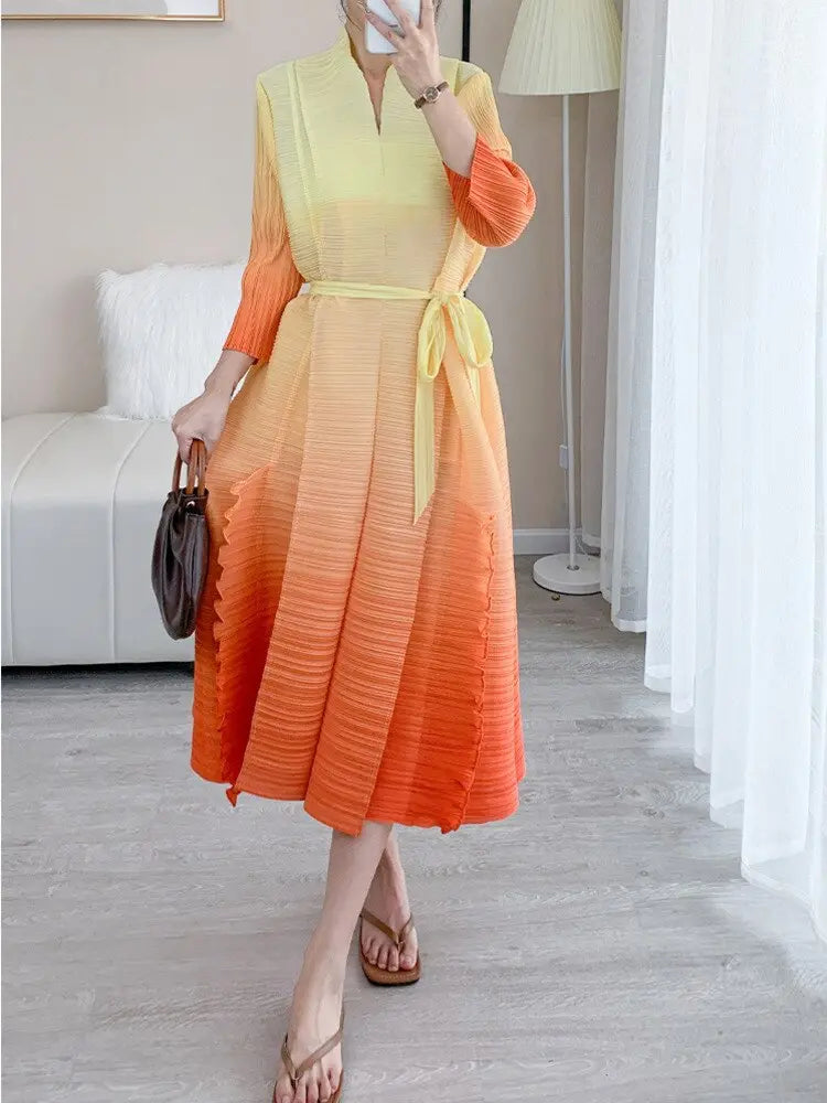 Autumn Gradient Pleated Dress Women Bandage Lapel Luxury Long Sleeve Plus Size Summer Female Elegant Clothing - Everyday Curves
