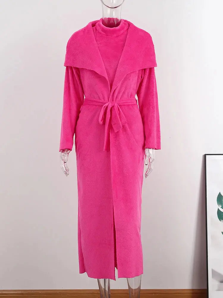 Women Long Cardigan Dress 2 Piece Set Autumn Full Sleeve Lapel Coat Sets Female Elegant Outfits - Everyday Curves