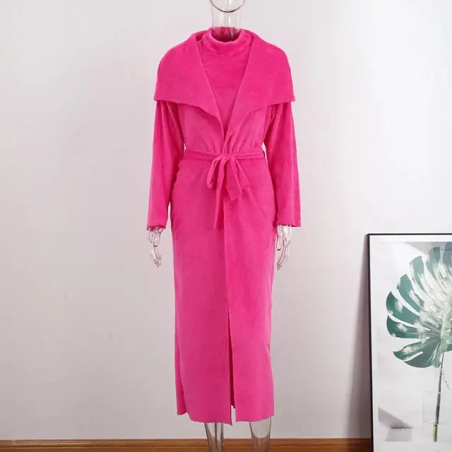 Women Long Cardigan Dress 2 Piece Set Autumn Full Sleeve Lapel Coat Sets Female Elegant Outfits - Everyday Curves