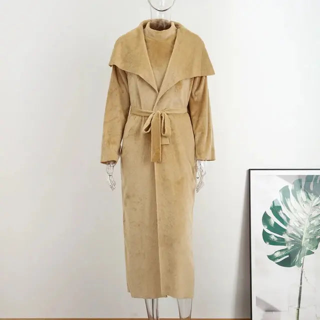 Women Long Cardigan Dress 2 Piece Set Autumn Full Sleeve Lapel Coat Sets Female Elegant Outfits - Everyday Curves
