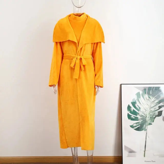 Women Long Cardigan Dress 2 Piece Set Autumn Full Sleeve Lapel Coat Sets Female Elegant Outfits - Everyday Curves