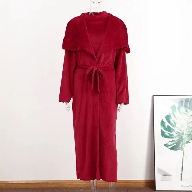 Women Long Cardigan Dress 2 Piece Set Autumn Full Sleeve Lapel Coat Sets Female Elegant Outfits - Everyday Curves