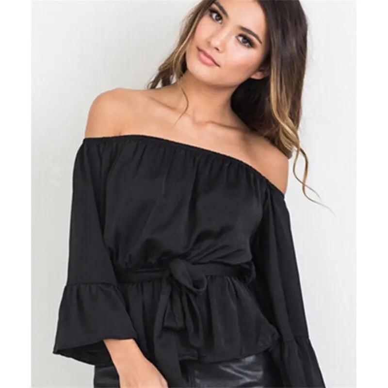 Blouse Korean Woman Tunic Tops for Women Slash Neck Butterfly Sleeve Black Fashion Elegant Blouse Women Plus Size New Chic Women - Everyday Curves
