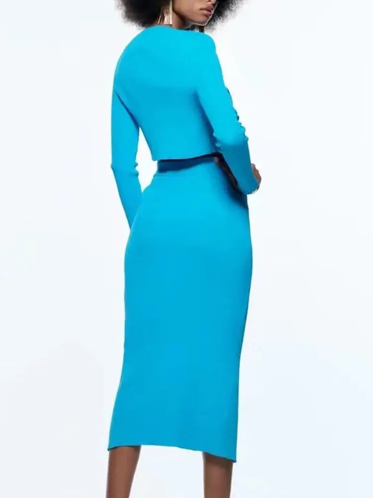 Woman 3 Pieces Suit Spring New Fashion Rib Knit Midi Skirt Sets Women Cardigan Top And Vest Outfits - Everyday Curves