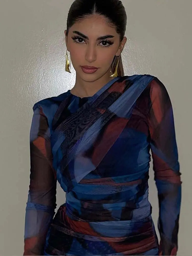Women 2 Pieces Sets Fashion Silk Net Print Blouse Tops + High Waist Pleat Midi Skirt Set Womens Outfits - Everyday Curves