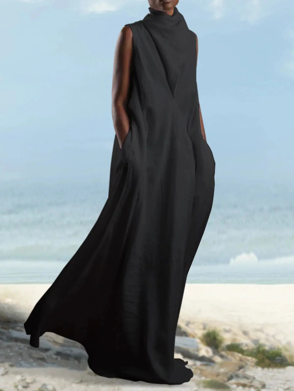 Women Turtleneck wrap Long Maxi Dress Sleeveless Summer Solid Casual Basic Loose Plus Size Maxi Dress For Women - Everyday Curves