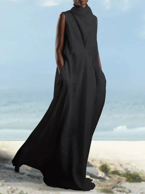 Women Turtleneck wrap Long Maxi Dress Sleeveless Summer Solid Casual Basic Loose Plus Size Maxi Dress For Women - Everyday Curves