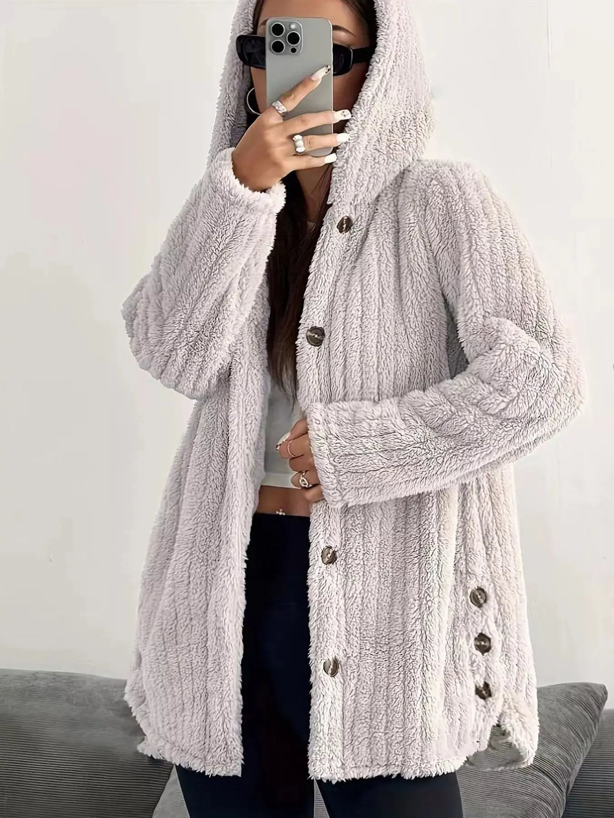 Full Size Fleece Button Up Hooded Outerwear Plus Size