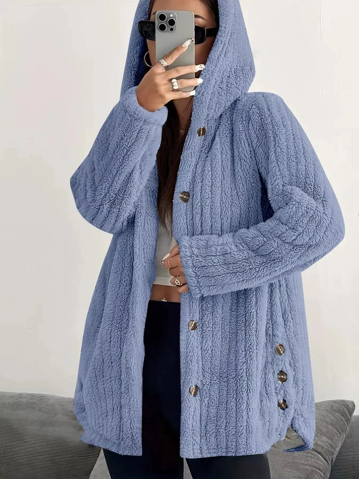 Full Size Fleece Button Up Hooded Outerwear Plus Size 5