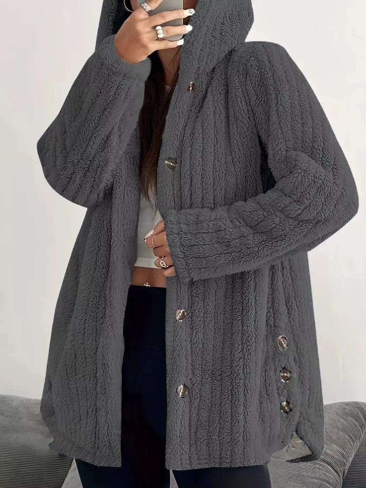 Full Size Fleece Button Up Hooded Outerwear Plus Size22