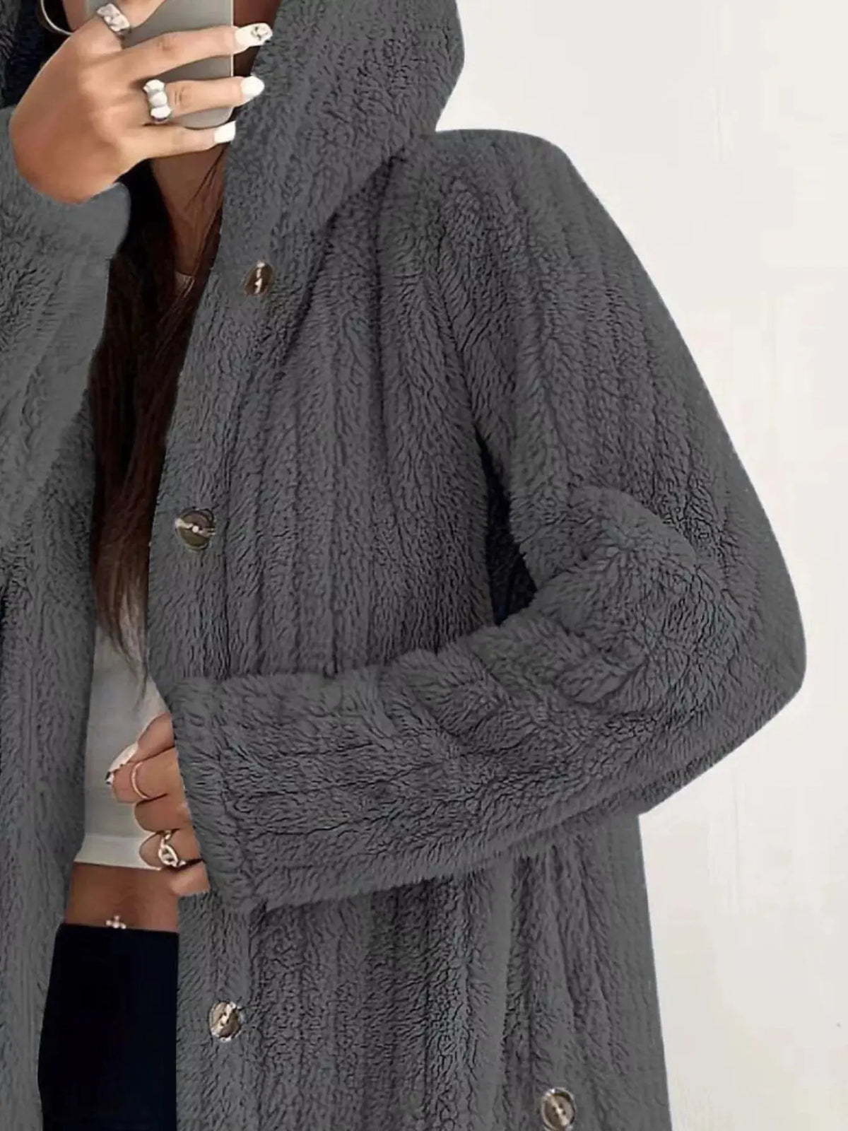 Full Size Fleece Button Up Hooded Outerwear Plus Size 23