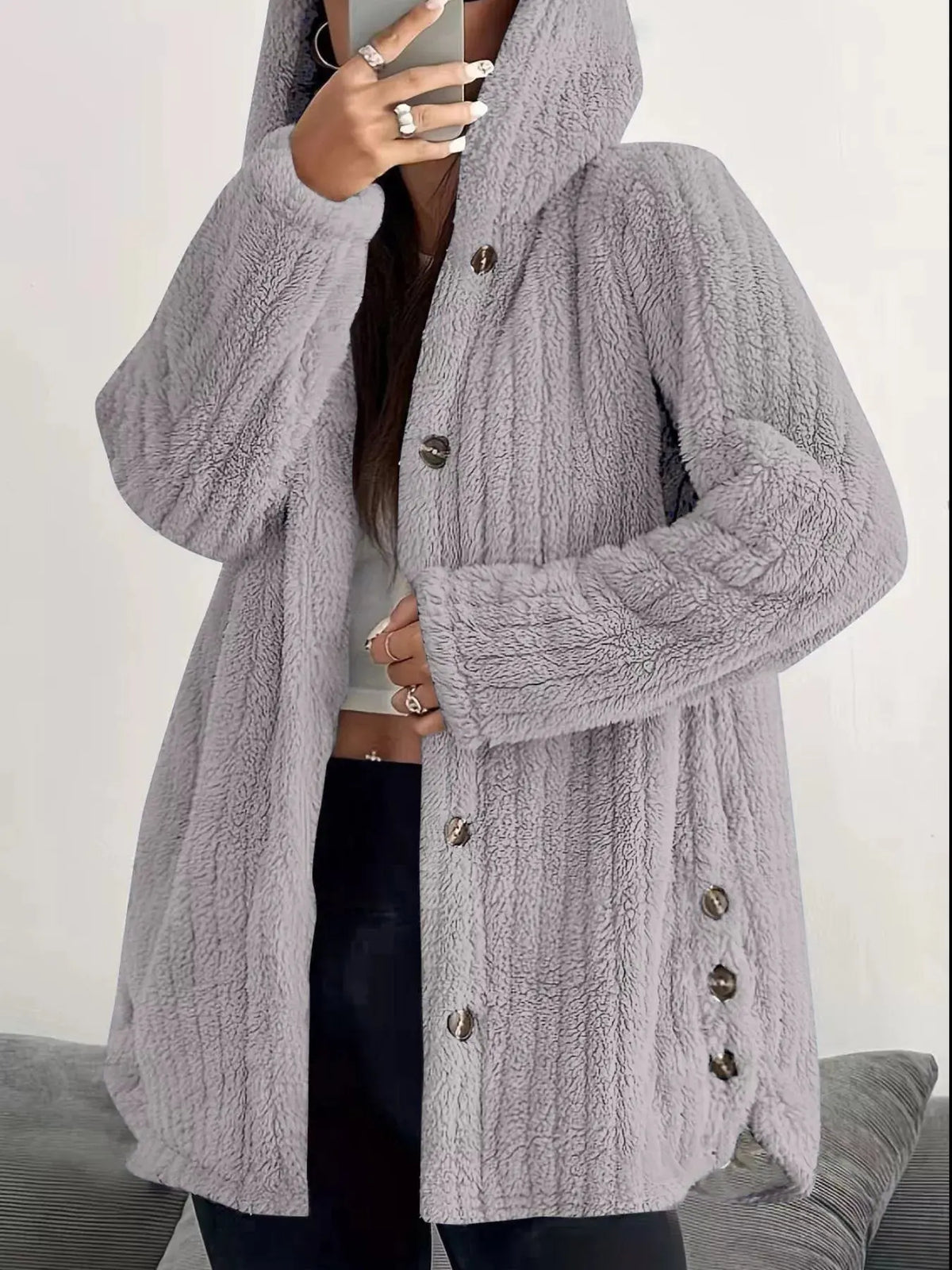 Full Size Fleece Button Up Hooded Outerwear Plus Size 25