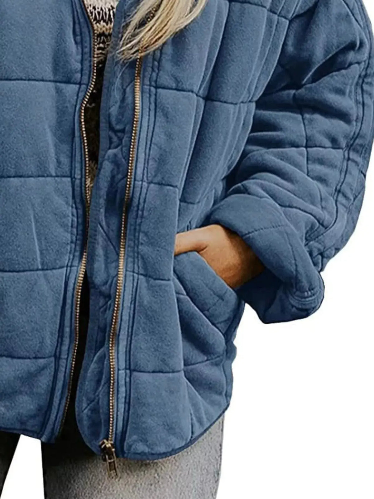 Full Size Zip Up Quilted Bomber Jacket Plus Size shown in blue, featuring a zipper and pockets, perfect for casual wear.