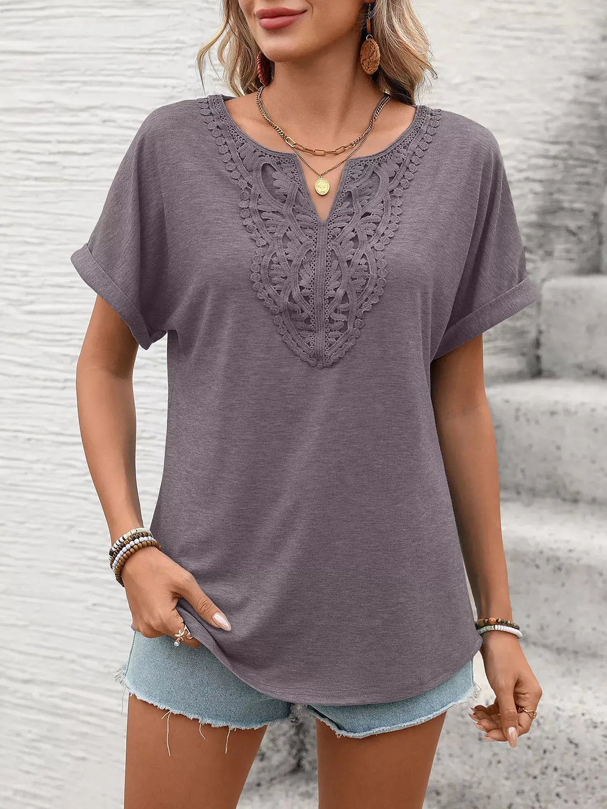 Lace Trim Short Sleeve T-Shirt 000