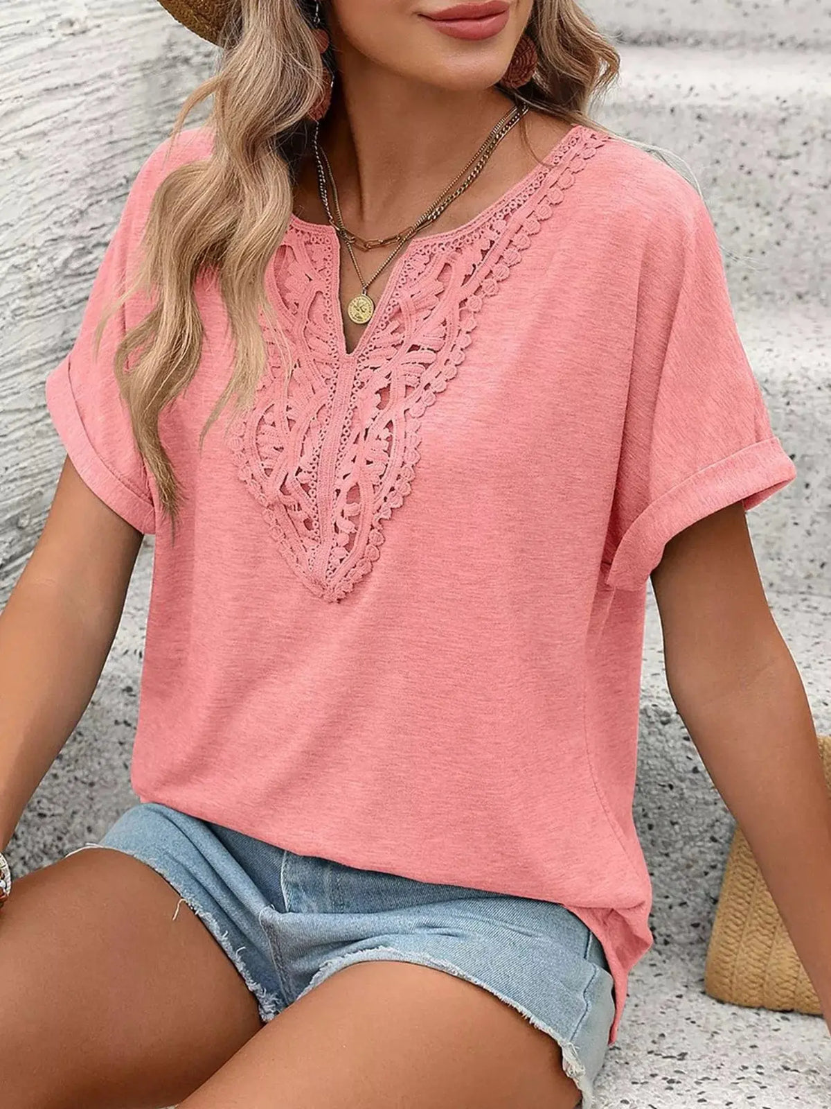 Lace Trim Short Sleeve T-Shirt 009